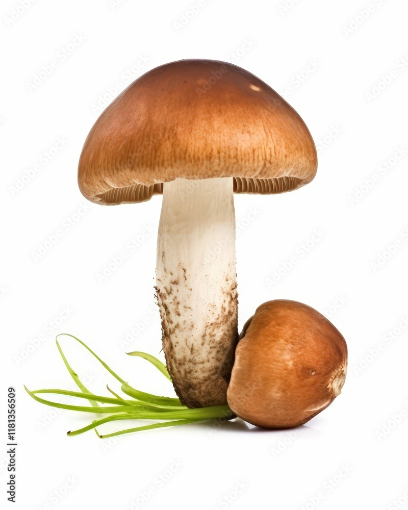 Isolated Boletus Mushroom with a Brown Cap and Short Stalk Surrounded by Green Grass on a Clean White Background