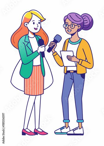 Minimalist Female journalist conducting an interview with a microphone, professional woman news reporter asking questions