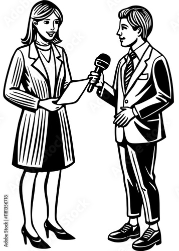 Line Art Of Female journalist conducting an interview with a microphone