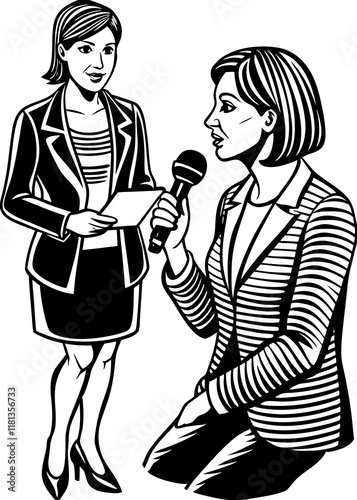 Line Art Of Female journalist conducting an interview with a microphone