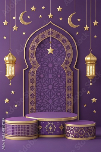 beautiful purple Ramadan podium display product,beautiful islamic background with gold ornament star, moon, lanterns. photo