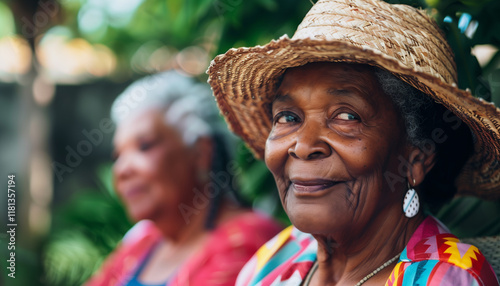 Femme agée d'origine noire avec un beau sourire et un chapeau de paille photo