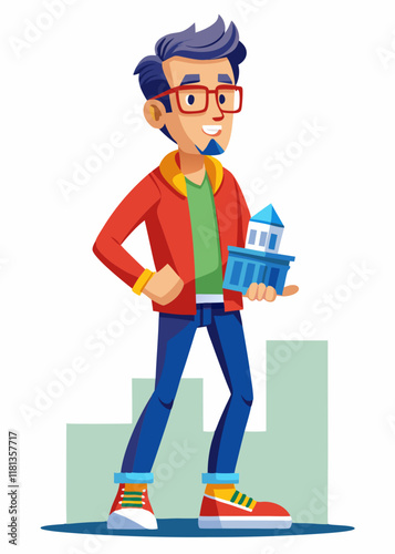 Confident male real estate agent holding miniature building model in hand. Young realtor presenting housing project concept, property investment solution, urban planning development idea.

