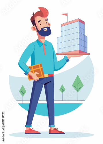 Minimalist male real estate agent holding miniature building model in hand. Young realtor presenting housing project concept, property investment solution, urban planning development idea.

