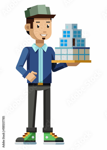 Pixelated Young realtor presenting housing project concept