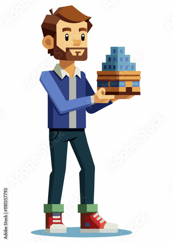 Pixelated Young realtor presenting housing project concept