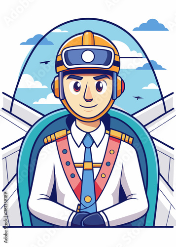 Confident male pilot sitting in airplane cockpit operating flight controls.
