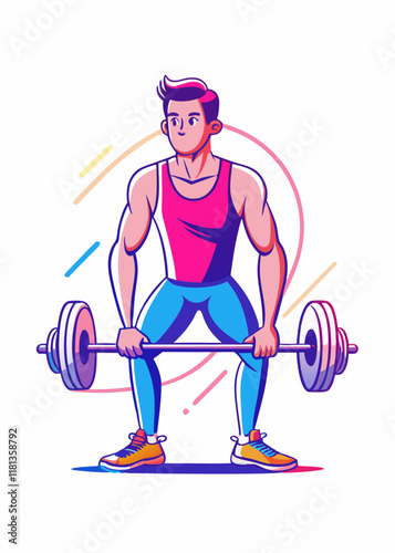 Minimalist Strong male model doing weightlifting workout, building arm muscles in sportswear for body strength training.


