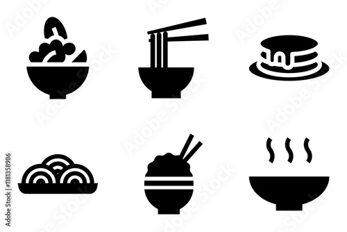 food and meal icon set. salad bowl, noodle bowl, pancake stack, pasta, rice bowl and soup bowl icons