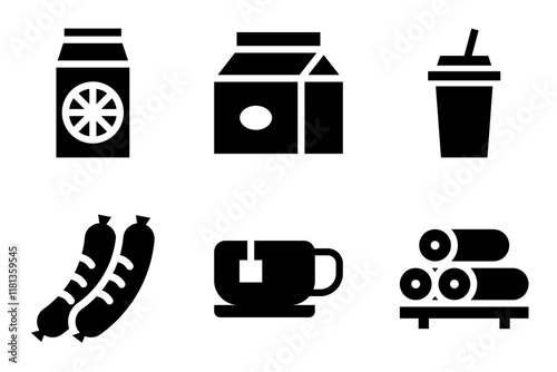 juice box, milk carton, milkshake, sausage, tea cup and sushi roll icon vector template. 