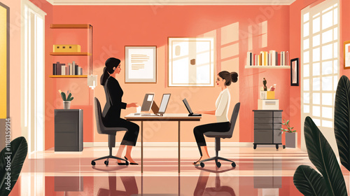 Two women engage in a professional office interview, exchanging ideas in a modern, vector cartoon illustration.


