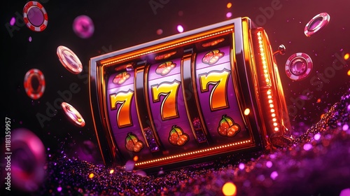 Vibrant slot machine with triple sevens, glowing coins and chips, colorful sparkles, casino-themed mobile game splash screen