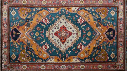 A captivating Teal and Orange Hand-Knotted Persian Rug photo