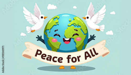 Smiling Earth character with doves and peace banner