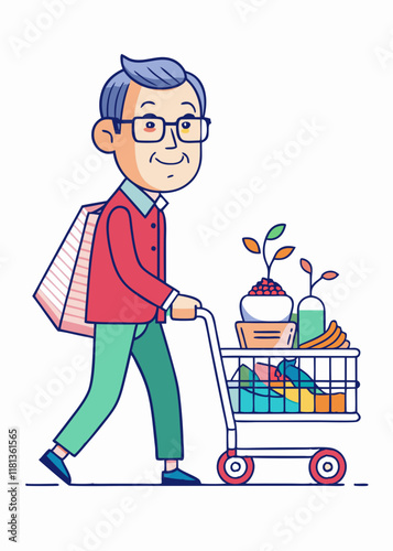 買い物カートを押している日本人男性、食料品の買い物を楽しむアジア人男性、健康的な食材を選び、食料品を買う
