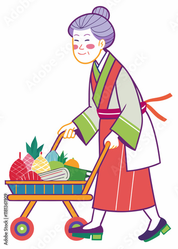 食料品が詰まったショッピングカートを押す日本の老婦人。