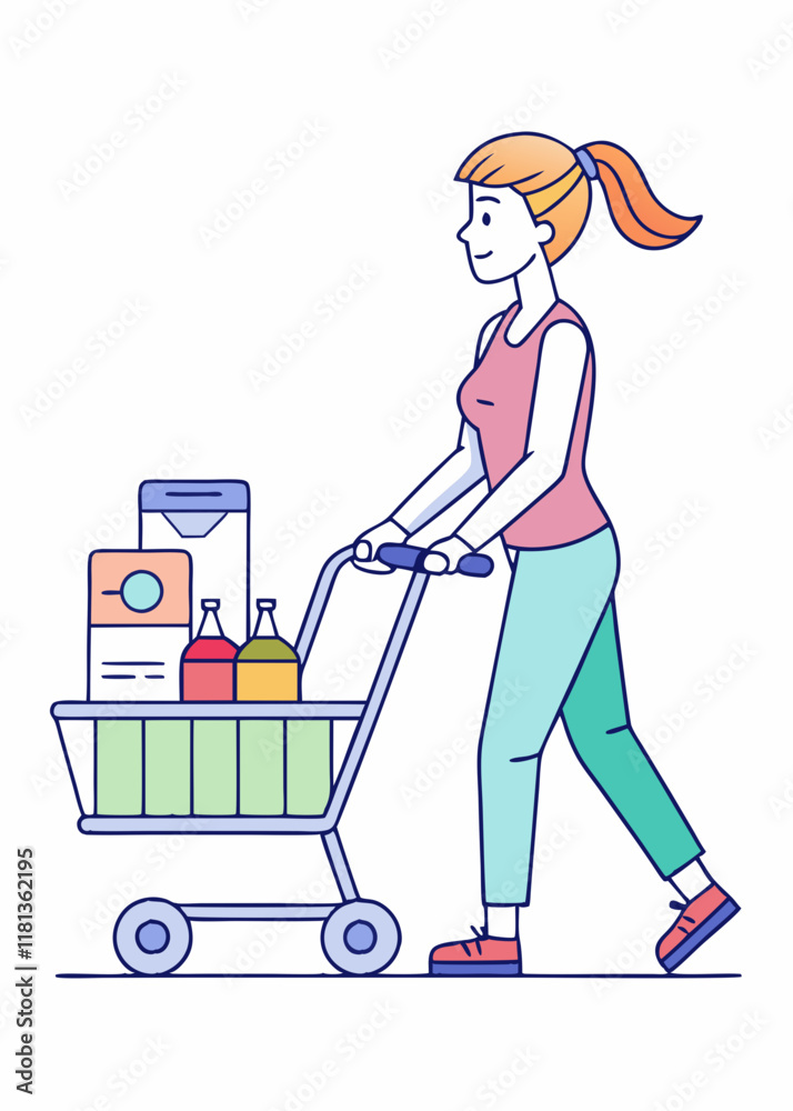 Mujer empujando un carrito de compras lleno de comestibles