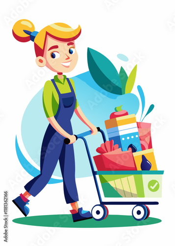Mujer empujando un carrito de compras lleno de comestibles