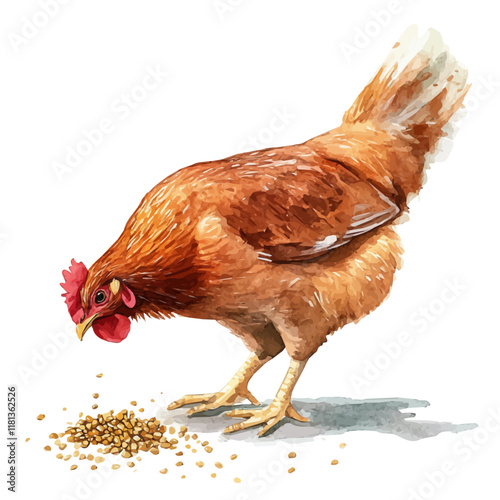 A watercolor clipart of a chicken pecking at seeds, isolated on a white background. Chicken vector.
