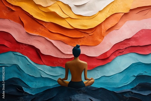 Man, collage and creative art made of paper for mental health, meditation practice and peaceful. Colourful, vibrant pop and creative graphic design poster for background, wallpaper or, Generative AI