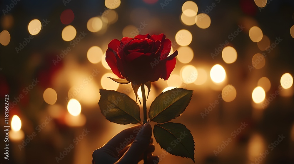 Obraz premium Hand holding red rose, candlelight bokeh, romantic