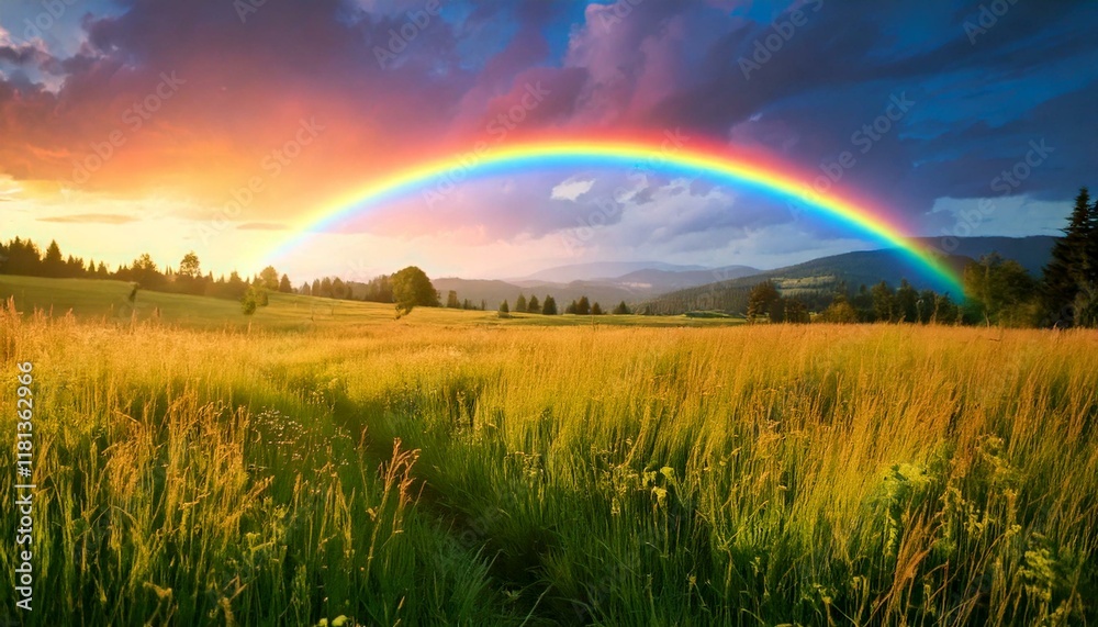 Obraz premium Blurred background of a lovely rainbow showing its colors at twilight time, creating a stunning and peaceful view and atmosphere.