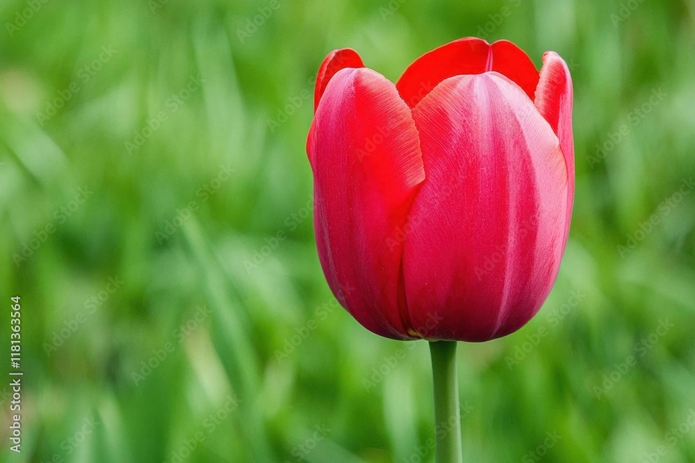 A vibrant red tulip stands tall against a blurred green background. A vibrant red tulip stands tall against a blurred green background.