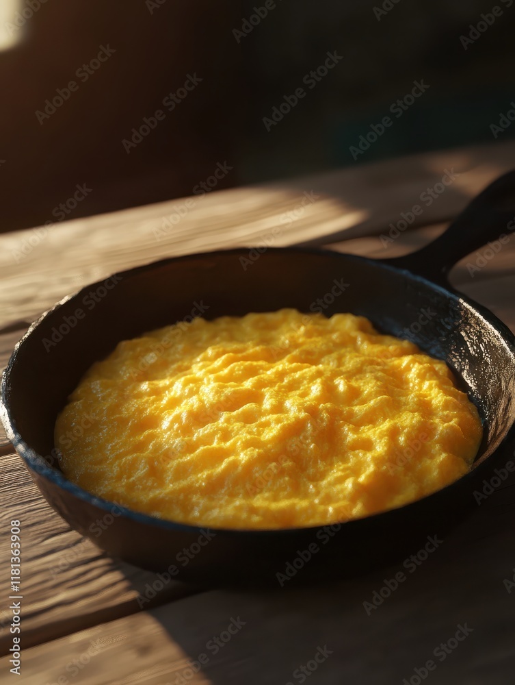 Soft and fluffy scrambled eggs are being prepared in a cast iron skillet resting on a rustic wooden table. Warm sunlight highlights the golden color of the eggs Soft and fluffy scrambled eggs are being prepared in a cast iron skillet resting on a rustic wooden table. Warm sunlight highlights the golden color of the eggs