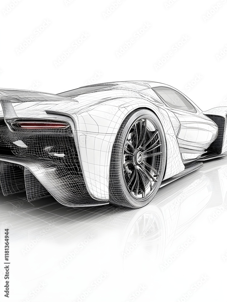 Naklejka premium A wireframe outline of a futuristic concept car with aerodynamic details. 