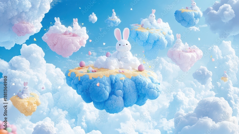 Easter Bunnies Resting on Fluffy Cloud Islands Easter Bunnies Resting on Fluffy Cloud Islands