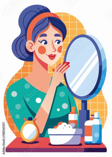 Woman applying makeup in front of mirror. Young woman doing makeup in bedroom, preparing for a day out.

