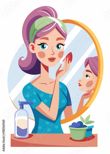 Woman applying makeup in front of mirror. Young woman doing makeup in bedroom, preparing for a day out.

