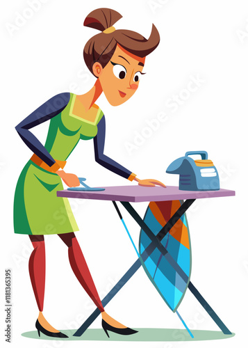 Woman ironing clothes at home. Female housewife doing domestic chores, pressing laundry with electric iron on ironing board
