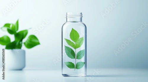 Wallpaper Mural A transparent bottle of serum with delicate green leaves and plant extracts visible inside, showcasing the use of botanicals and natural ingredients in vegan skincare. Torontodigital.ca