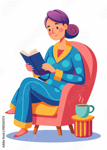 Calm woman in nightwear sitting on couch reading novel at home.