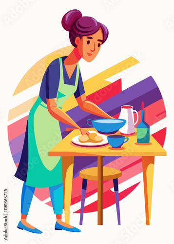Female housemaid setting dining table with care and precision