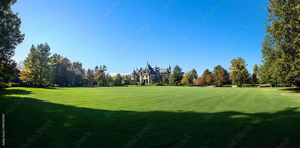 A grand mansion surrounded by a lush green lawn and trees under a clear blue sky. A grand mansion surrounded by a lush green lawn and trees under a clear blue sky.