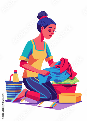 Woman folding clothes, organizing laundry, vector illustration of home chores, and daily household activities.