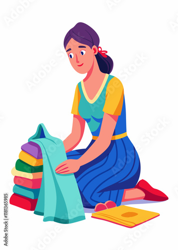 Woman folding clothes, organizing laundry, vector illustration of home chores, and daily household activities.