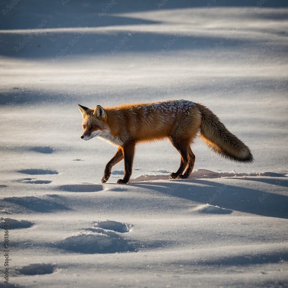 Fototapeta premium A fox casting a long shadow on a snowy field.