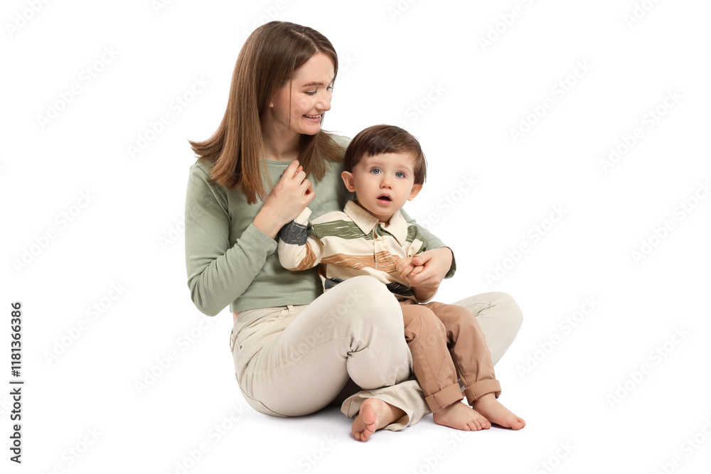 Happy mother with her cute little son on white background, space for text Happy mother with her cute little son on white background, space for text