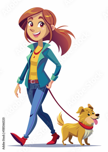 Happy woman enjoying a walk with her dog