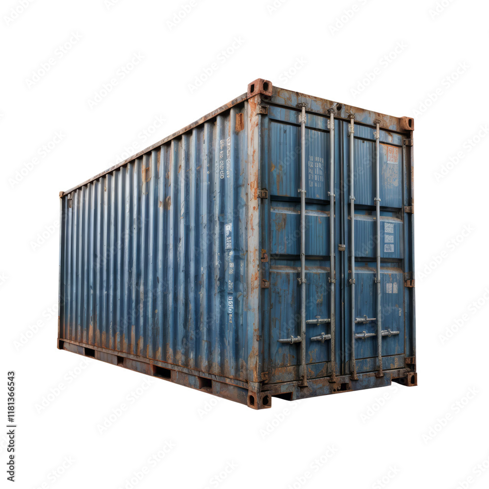 Steel Shipping Container: A weathered, blue steel shipping container stands against a clean background, showcasing its robust construction and potential for various uses. Steel Shipping Container: A weathered, blue steel shipping container stands against a clean background, showcasing its robust construction and potential for various uses.