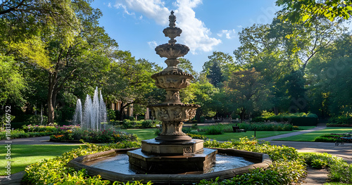 A beautiful garden scene featuring a decorative fountain surrounded by lush greenery.