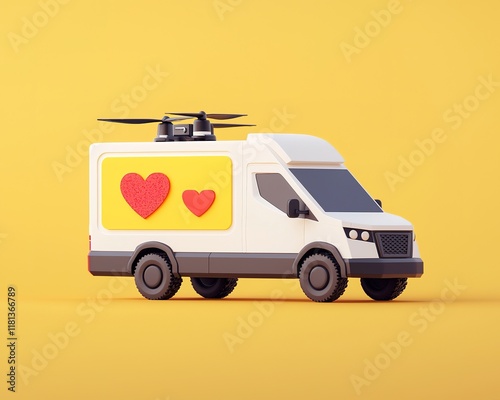 A whimsical delivery van with a drone, featuring heart decals, set against a bright yellow background. photo