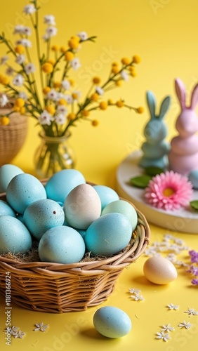 Colorful easter scene with blue eggs, flowers, and decorative bunnies on yellow background photo