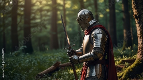 Medieval knight in armor with sword
