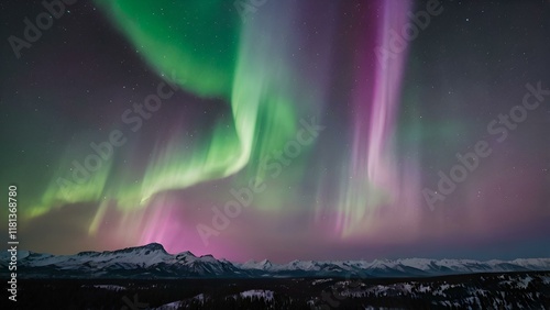 The vibrant green aurora borealis paints the dark arctic sky above the stormy sea, reflecting in the icy water like a celestial rainbow photo