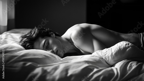 Young man sleeping peacefully on a soft bed at night