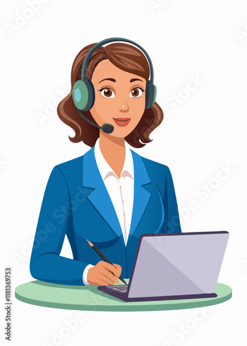 Happy woman wearing headphones giving excellent customer support in telemarketing. Smiling call center worker helping clients remotely with a positive attitude.


